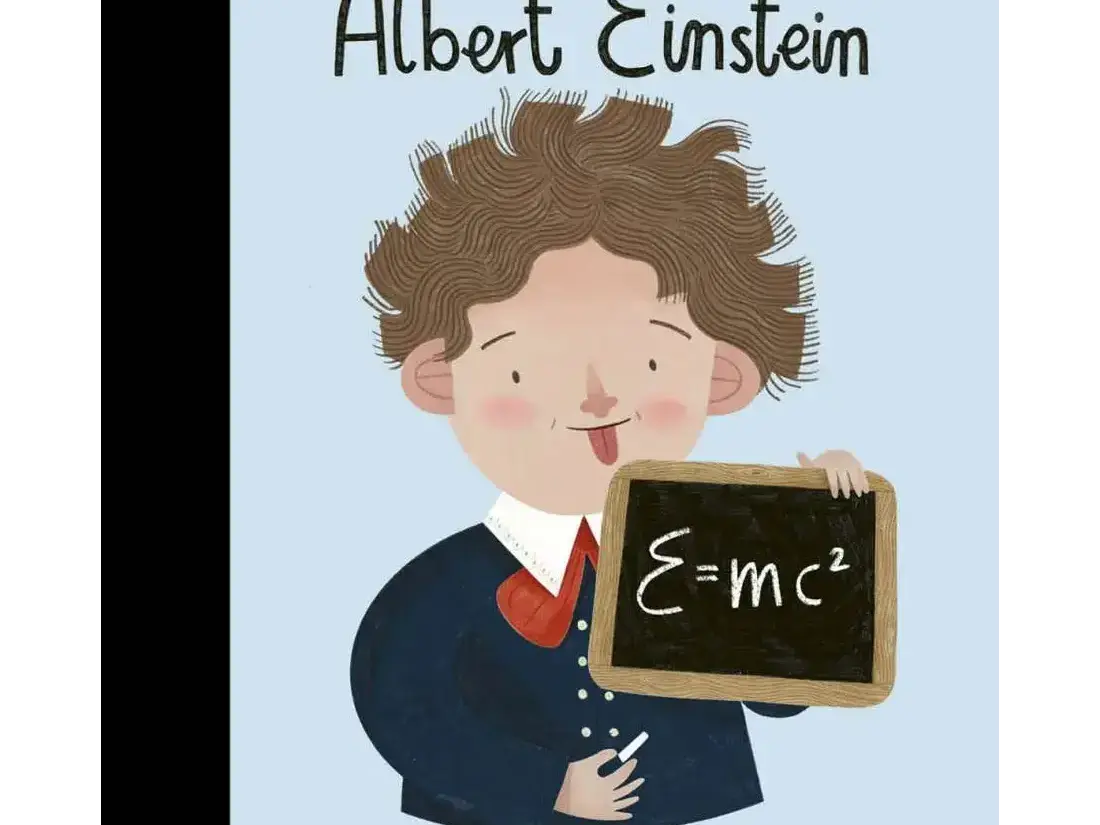 Book cover featuring a cartoon illustration of a man with wild hair holding a chalkboard with the equation E=mc².
