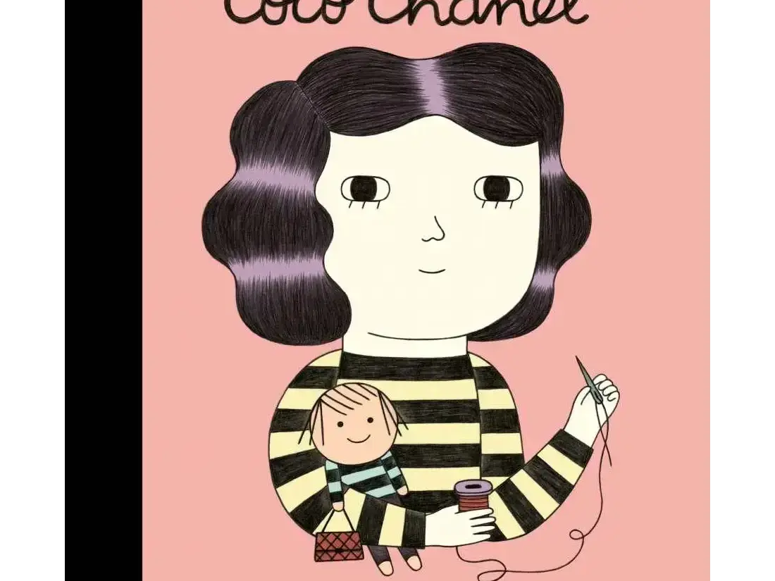 Book cover featuring a stylized illustration of a woman with black hair wearing a striped shirt and holding a small doll.