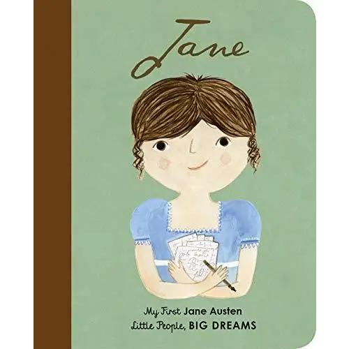 Illustrated book cover featuring a cartoon drawing of a young girl in a blue dress holding papers.