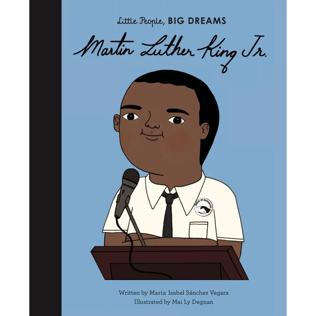 Illustrated book cover featuring a cartoon portrait of a young African American boy at a podium with a microphone.