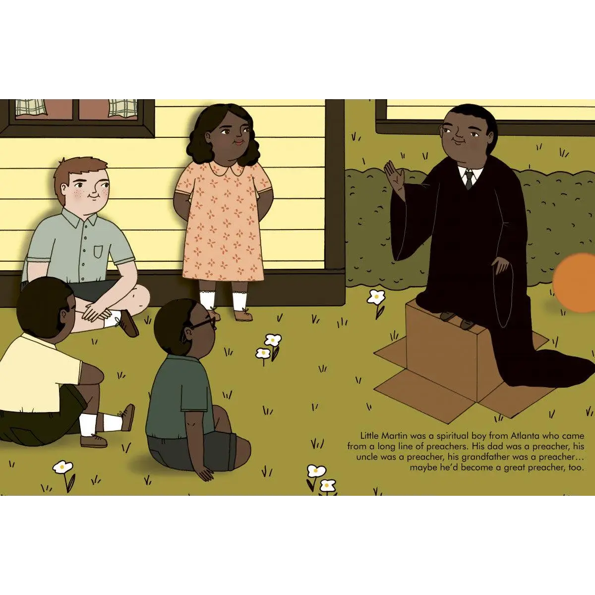 Illustration depicting a scene from the Civil Rights era with children and an adult figure.