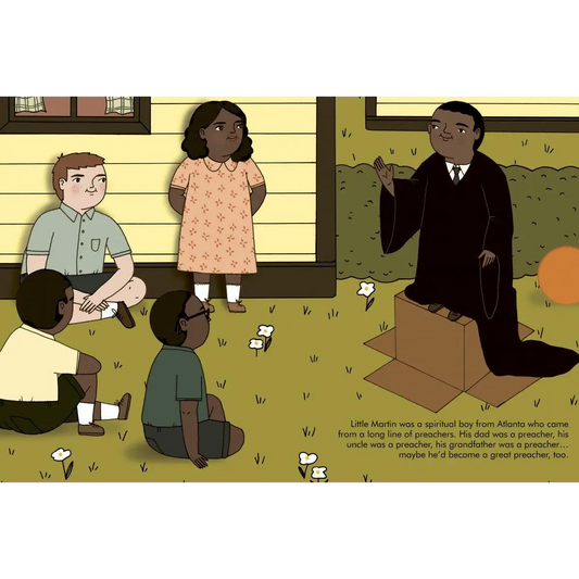 Illustration depicting a scene from the Civil Rights era with children and an adult figure.