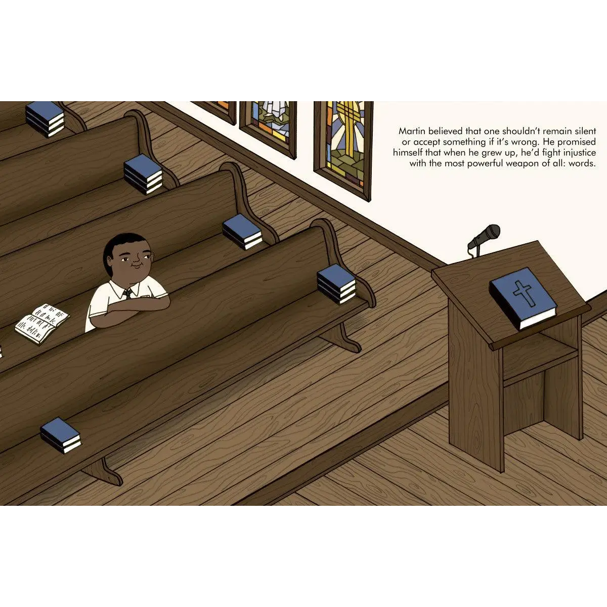 Church pew with books and a pulpit.