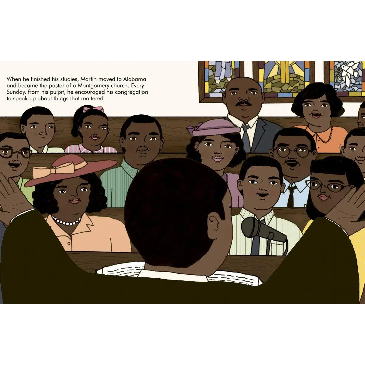 Illustration of a diverse group of African American people gathered together, with text above describing a church scene.