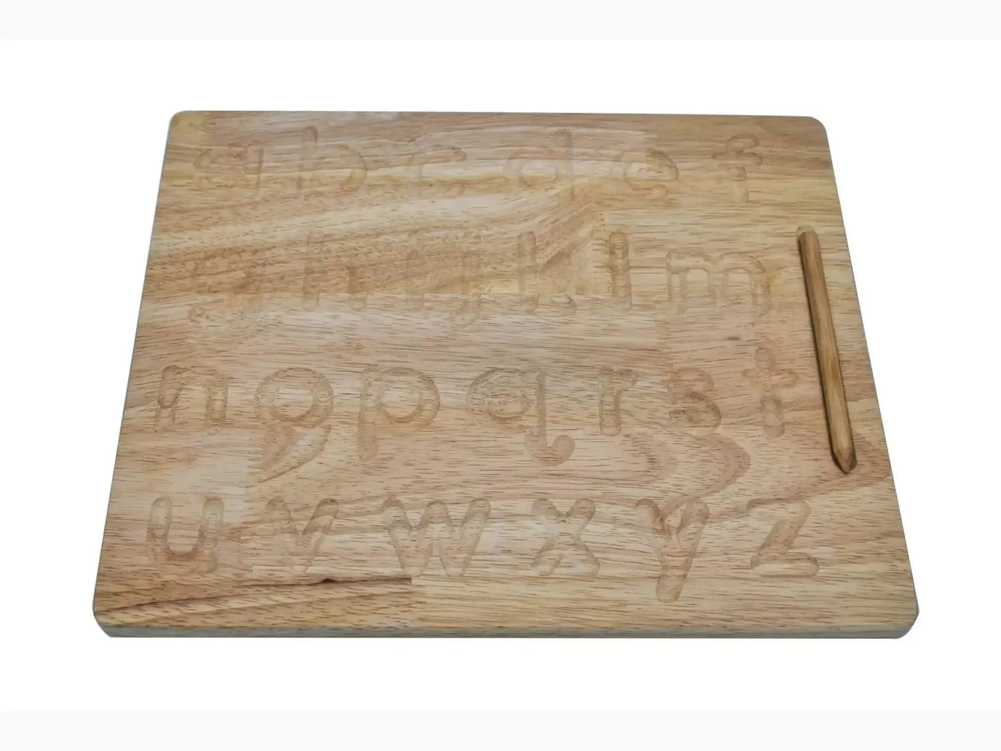Wooden cutting board with engraved letters and numbers.