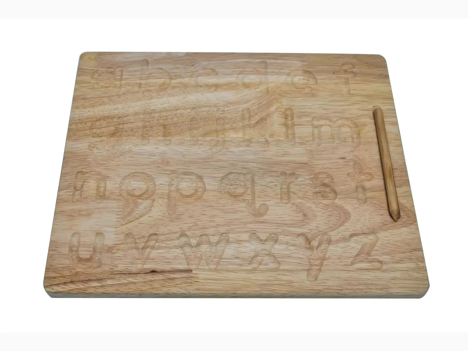 Wooden cutting board with engraved letters and numbers.