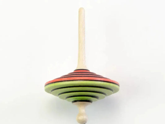 Colorful wooden spinning top with red, green, and black stripes.
