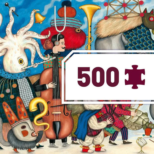 Colorful, surreal collage of musical instruments, sea creatures, and whimsical characters advertising a 500-piece jigsaw puzzle.