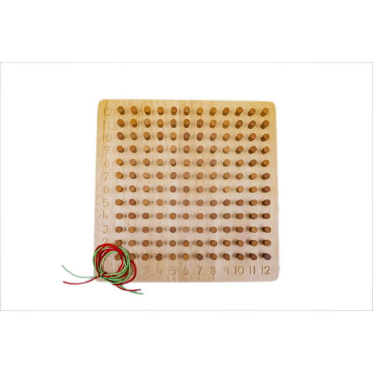 Wooden board with numbered holes and a colorful string for threading or lacing activities.