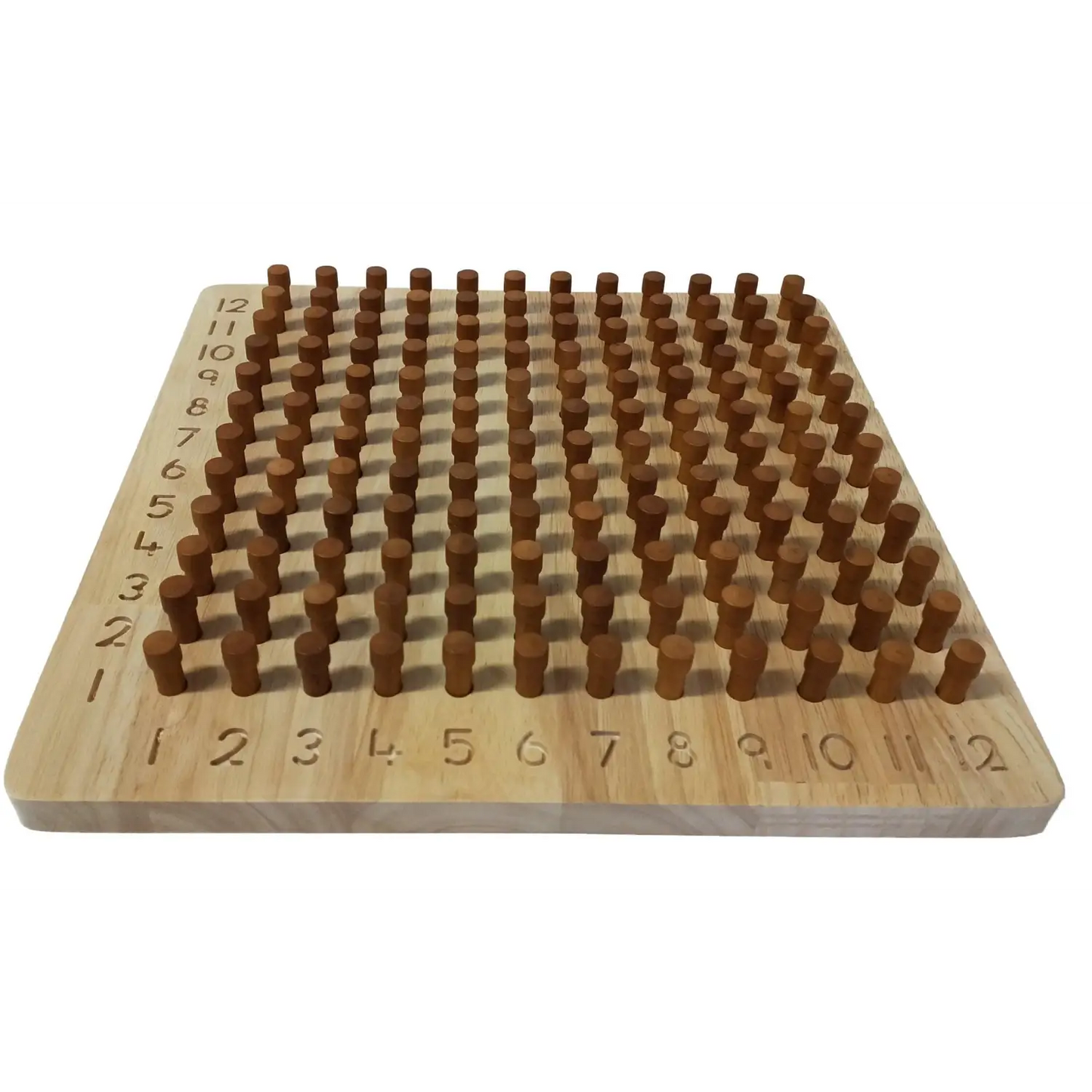 Wooden multiplication board with rows of pegs representing numbers.