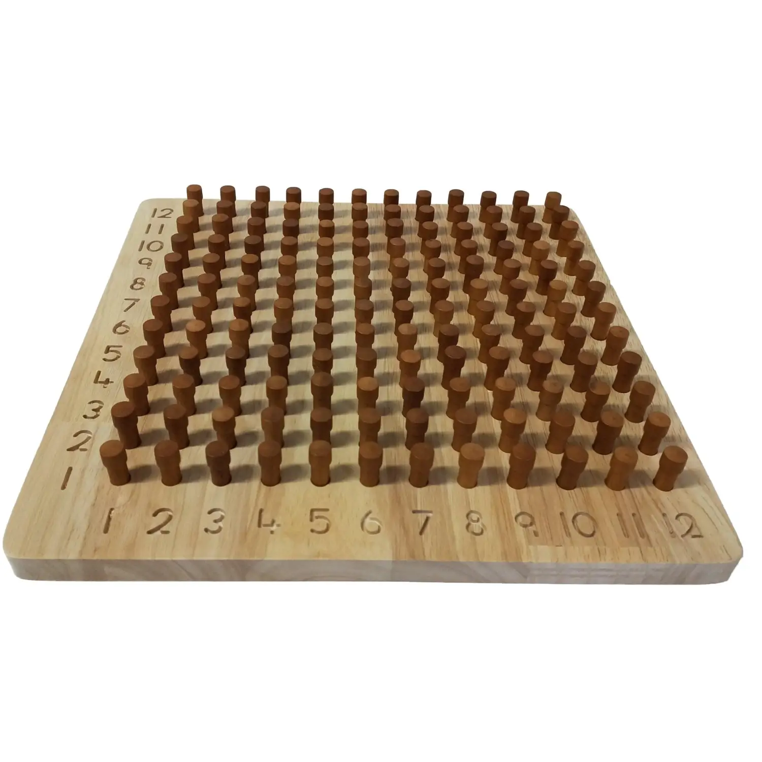 Wooden multiplication board with rows of pegs representing numbers.