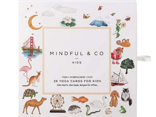 Set of yoga cards for kids featuring colorful illustrations of animals and nature scenes.