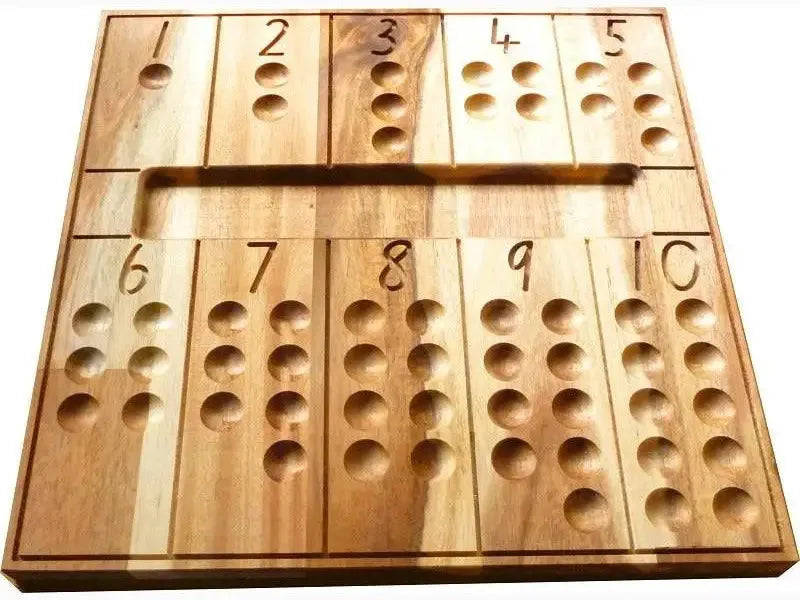 Wooden counting board with numbered sections and recessed holes.