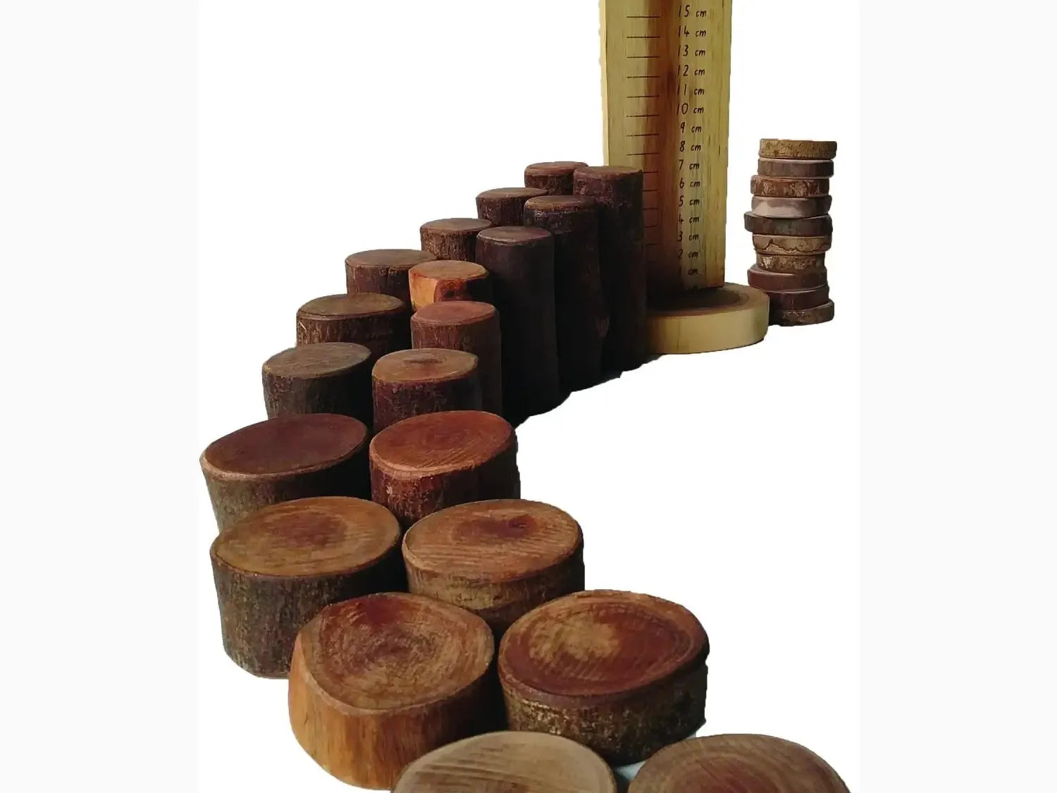 Wooden stacking toy with varying sized discs.