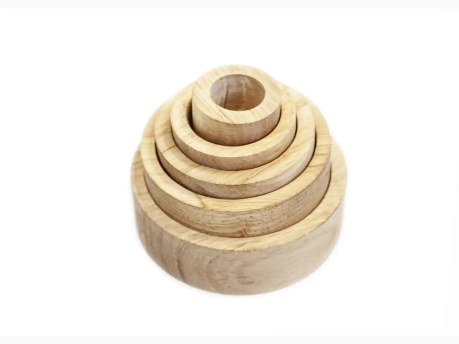 Wooden stacking toy with concentric circular pieces of decreasing size.