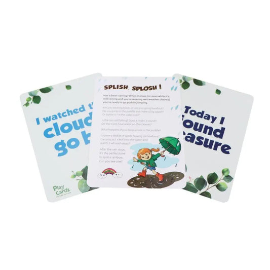 Set of illustrated activity cards with nature-themed prompts and images.