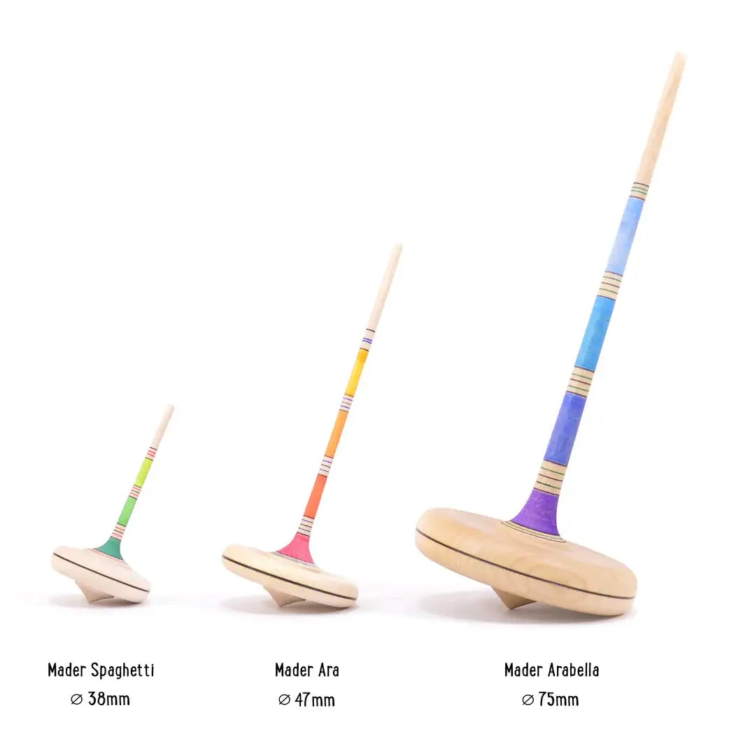 Colorful wooden spinning tops with long handles.