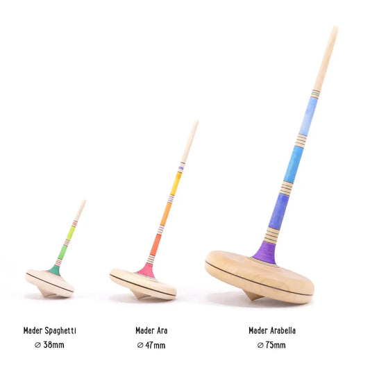 Colorful wooden spinning tops with long handles.