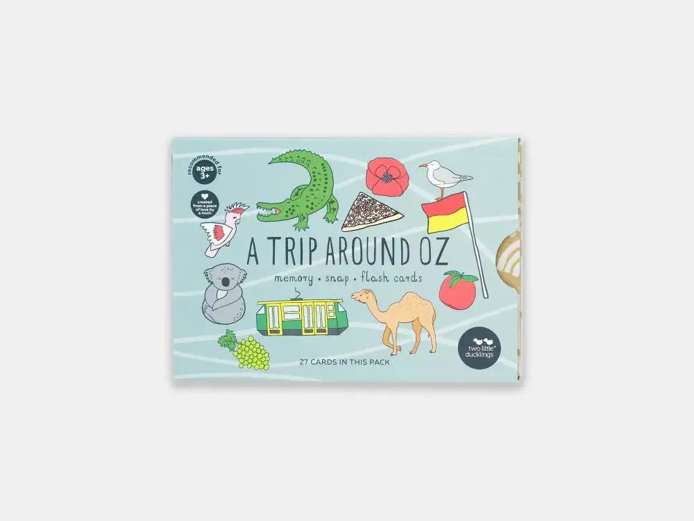 Book cover titled ’A Trip Around Oz’ featuring colorful Australian-themed illustrations.
