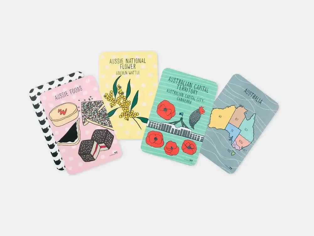 Set of colorful illustrated recipe cards featuring various foods and ingredients.