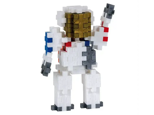 Pixelated block figure resembling an astronaut with a gold-colored helmet.