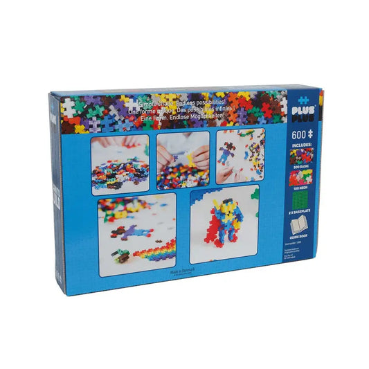 Box of Plus-Plus construction toy blocks containing 600 pieces in various colors.