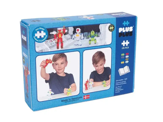 Toy construction set box featuring colorful building pieces and example creations.