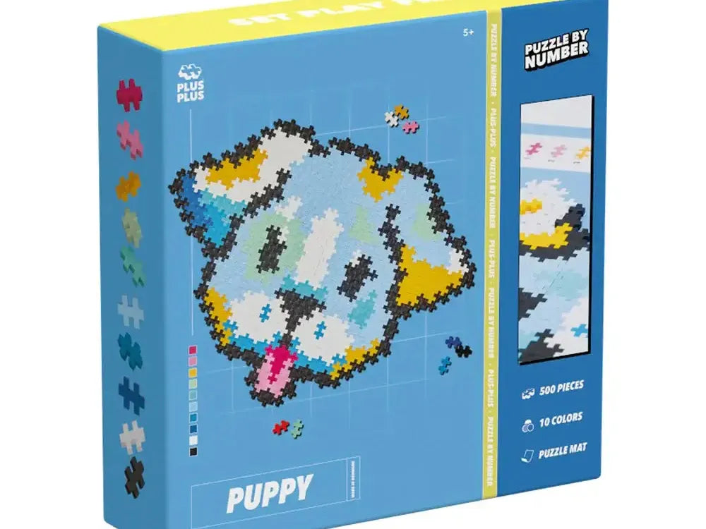 Puzzle box featuring a pixelated cartoon puppy design.