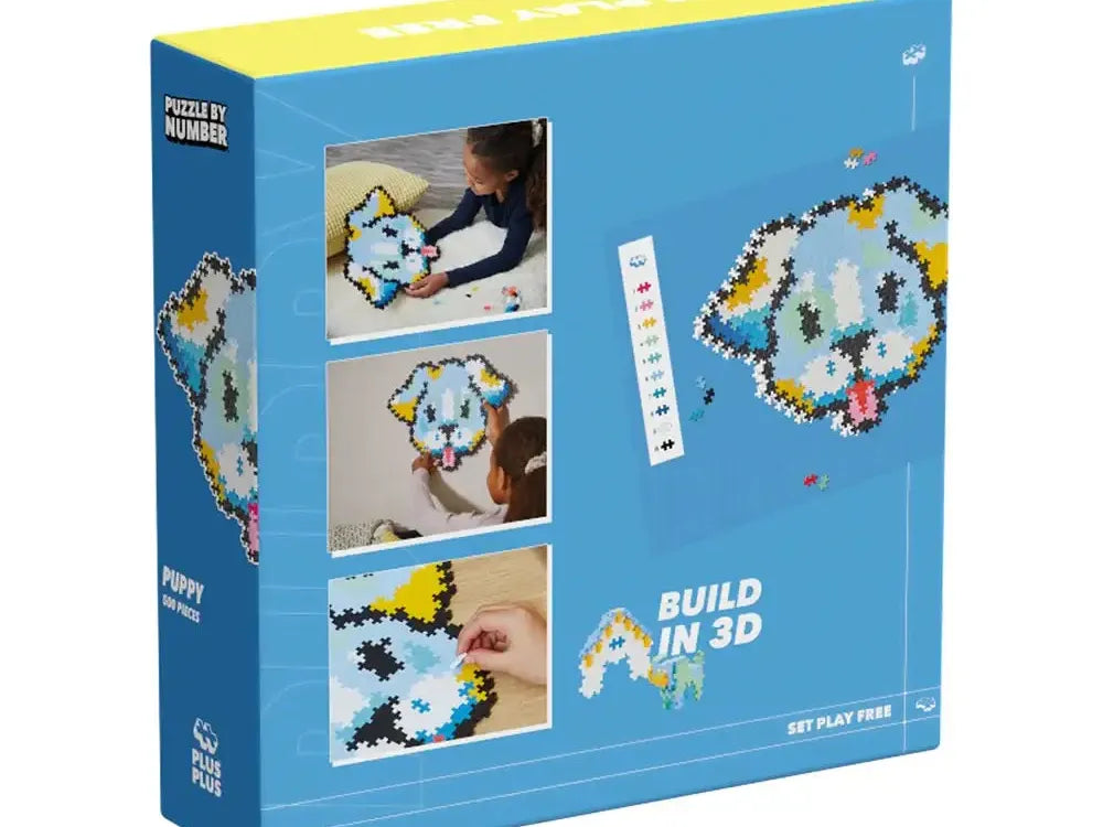 Puzzle box featuring a 3D buildable dog design with pixelated images.