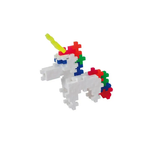 Pixelated unicorn figure made of colorful plastic blocks.