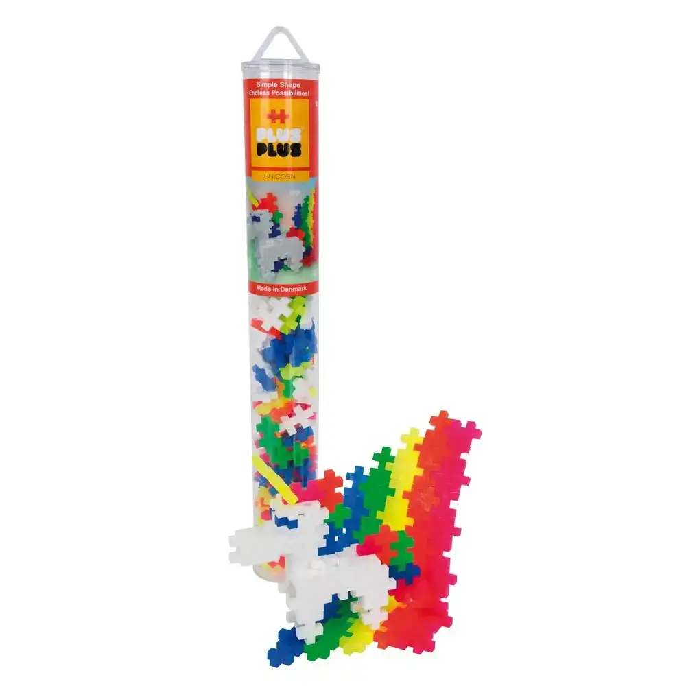 Colorful plastic building blocks or puzzle pieces in a clear tube container.