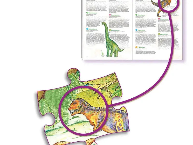 Puzzle piece featuring colorful dinosaur illustrations connected by a purple line to an open textbook page.