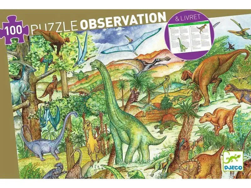 Colorful dinosaur-themed jigsaw puzzle with an observation component and accompanying booklet.