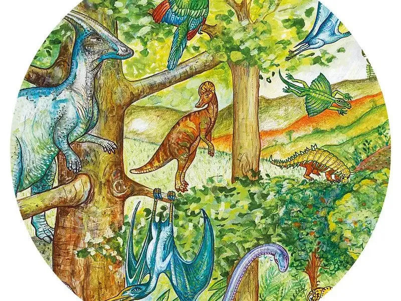 Circular illustration depicting various prehistoric dinosaurs and flying reptiles in a colorful, stylized forest setting.