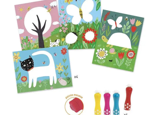 Children’s art kit featuring colorful picture cards and paint daubers for creating nature-themed artwork.