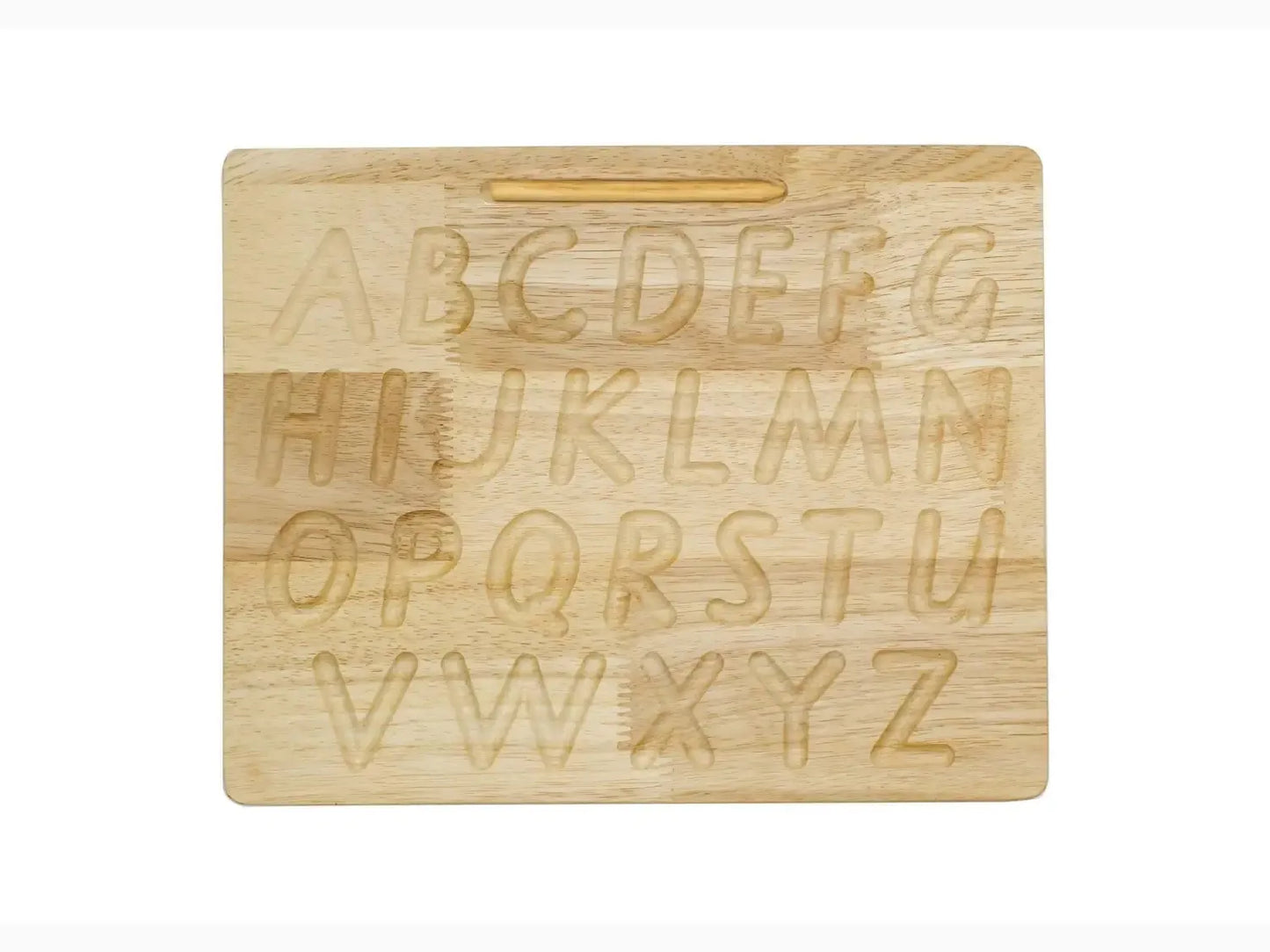 Wooden board with engraved uppercase alphabet letters.