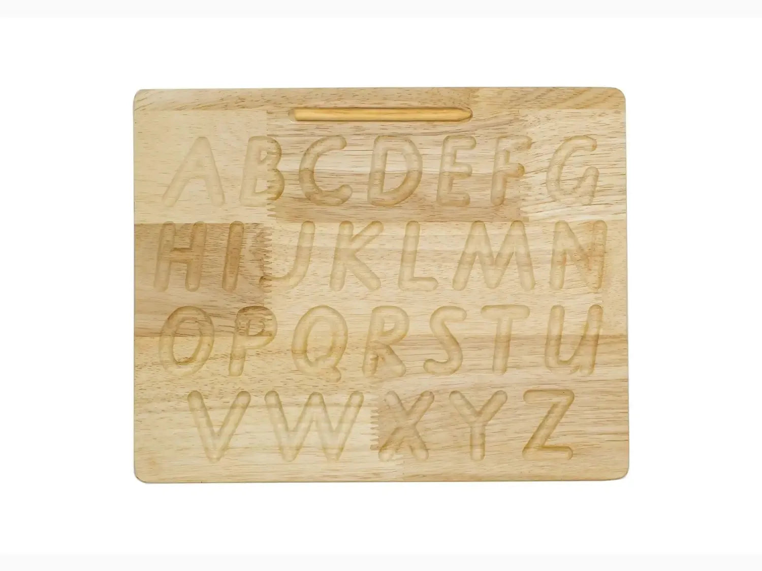 Wooden board with engraved uppercase alphabet letters.