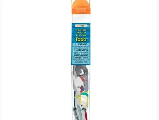 Plastic tube containing small toy figures and objects.
