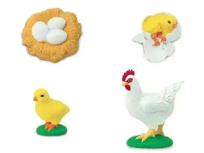 Collection of toy farm animals and objects including a chicken, chicks, and a nest with eggs.