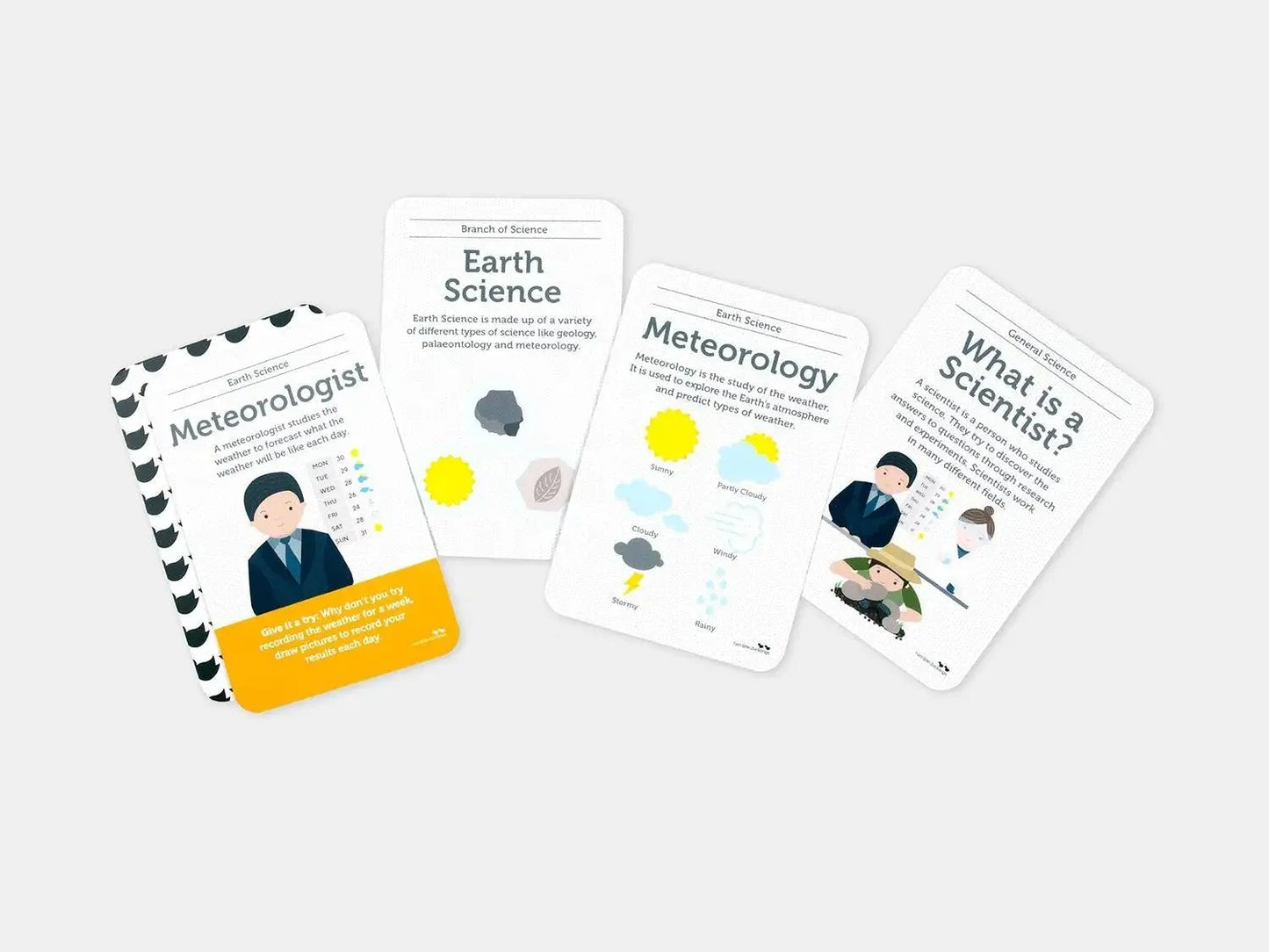 Set of educational cards or flashcards related to meteorology and earth science topics.