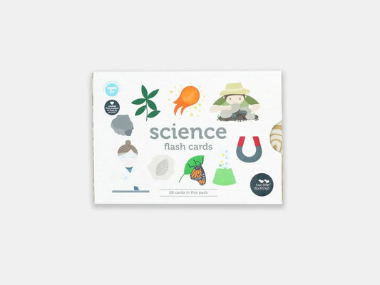 Set of science-themed flash cards featuring various illustrated icons and symbols.