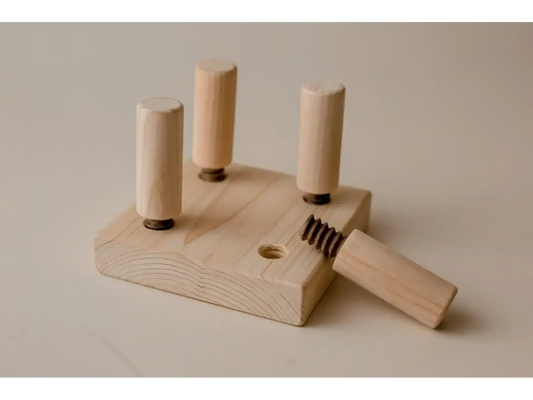 Wooden toy with pegs and screw.