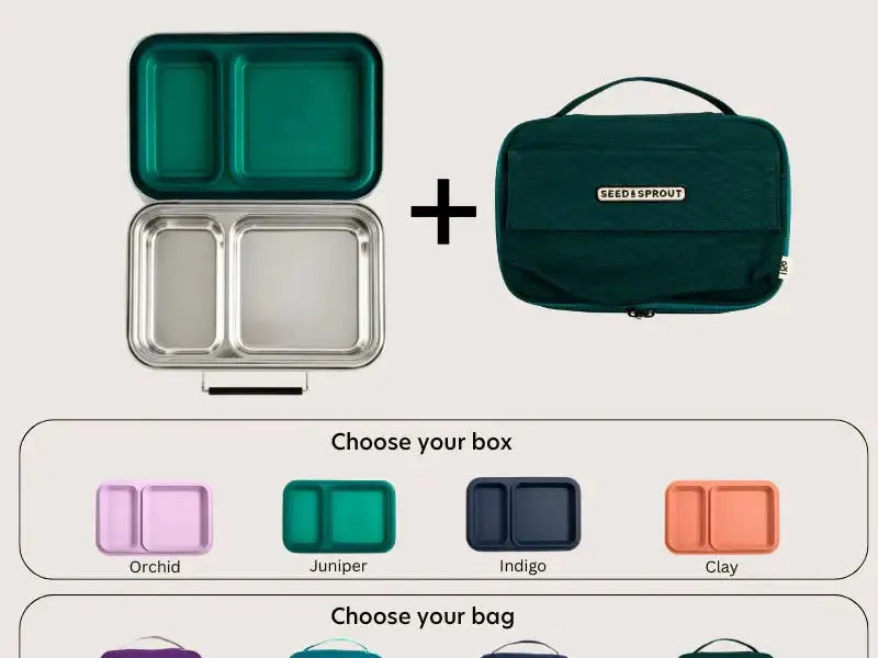 Stainless steel lunchbox with two compartments and a matching insulated carrying bag.