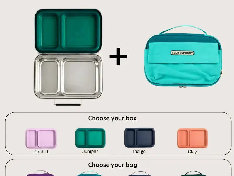 Stainless steel lunchbox with two compartments and a matching insulated carrying bag.