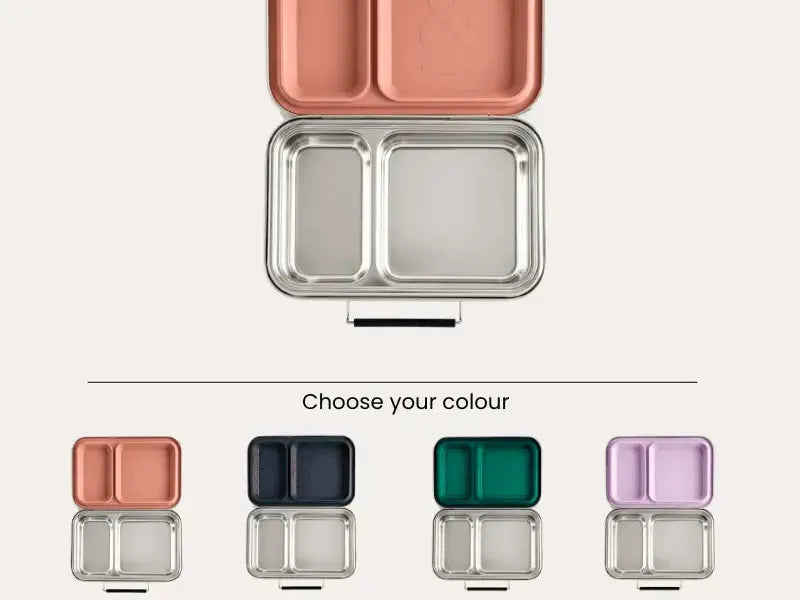 Divided metal lunch container with a colored top compartment and silver bottom compartment.