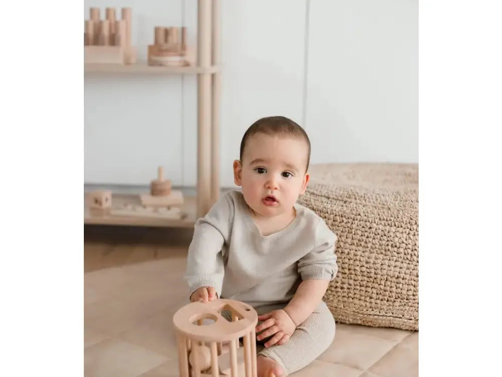 Baby sitting on the floor playing with a wooden toy.
