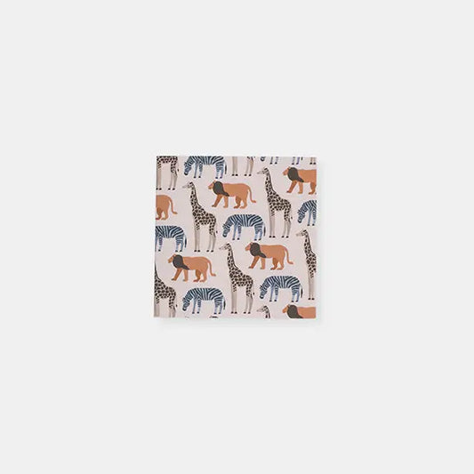 Pattern featuring various stylized safari animals including giraffes, tigers, and zebras on a light background.