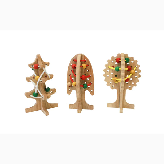 Three wooden lacing trees with colorful beads.