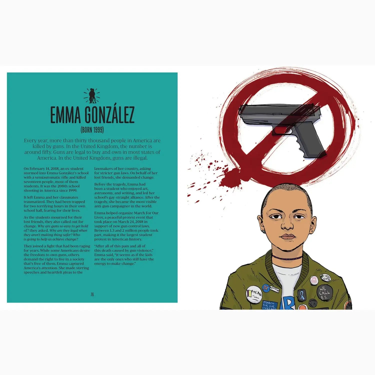 Illustration of a young activist with a ’no guns’ symbol above their head, alongside text about Emma González.