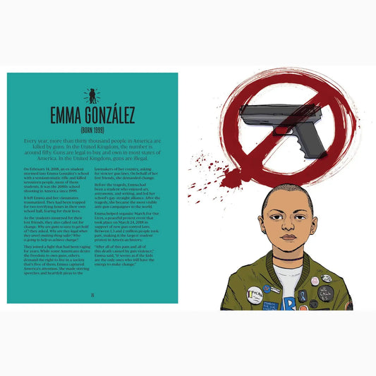 Illustration of a young activist with a ’no guns’ symbol above their head, alongside text about Emma González.